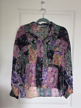 Floral Patchwork Sheer Button-Up Blouse - Pink, Purple, Black
